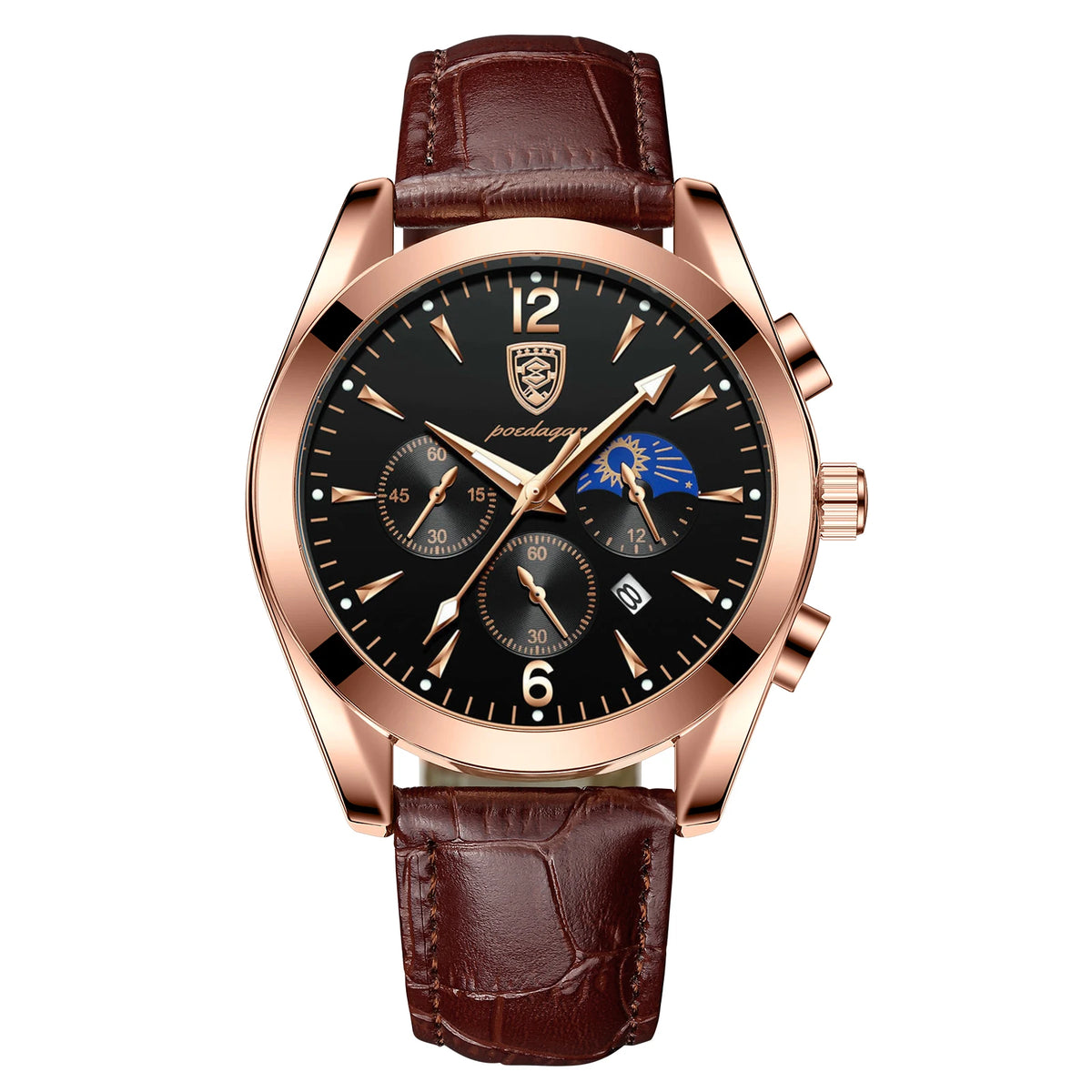 Poedagar 8298 Men's Sport Chronograph Quartz Watch – Leather Strap, Waterproof, Luminous, Date