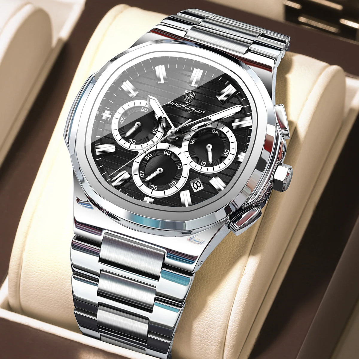 Poedagar 834 Men's Luxury Chronograph Quartz Watch – Stainless Steel Band, Waterproof, Luminous, Date
