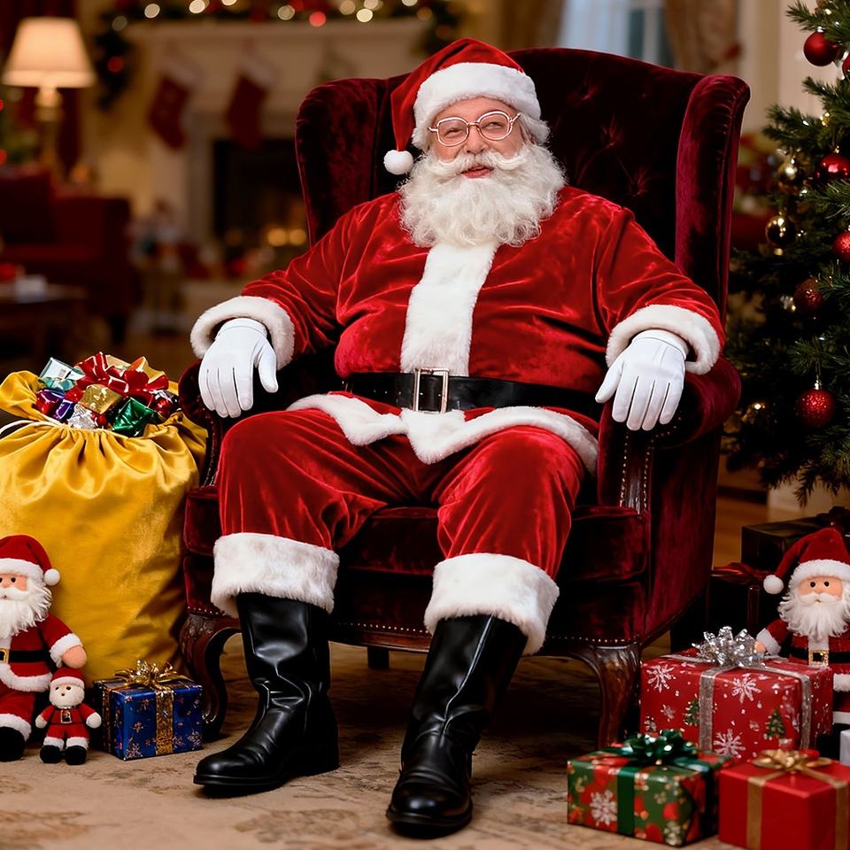 Men's Santa Suit - 7 Piece Adult Christmas Costume Set with Hat, Gloves, Belt & Beard