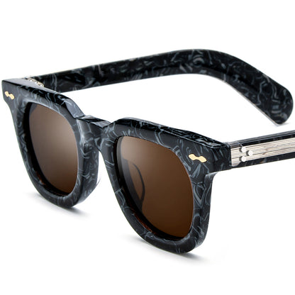 Vintage Square Thick Acetate Polarized Mirrored Sunglasses - Blue Flower Brown Lens - MCROONS