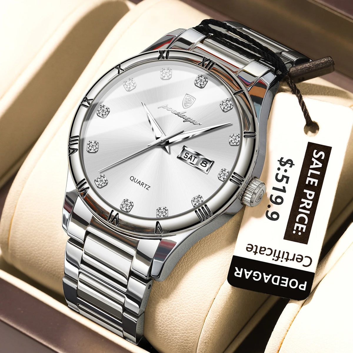 Poedagar 878 Men's Sport Quartz Watch – Stainless Steel Band, Waterproof, Luminous, Date