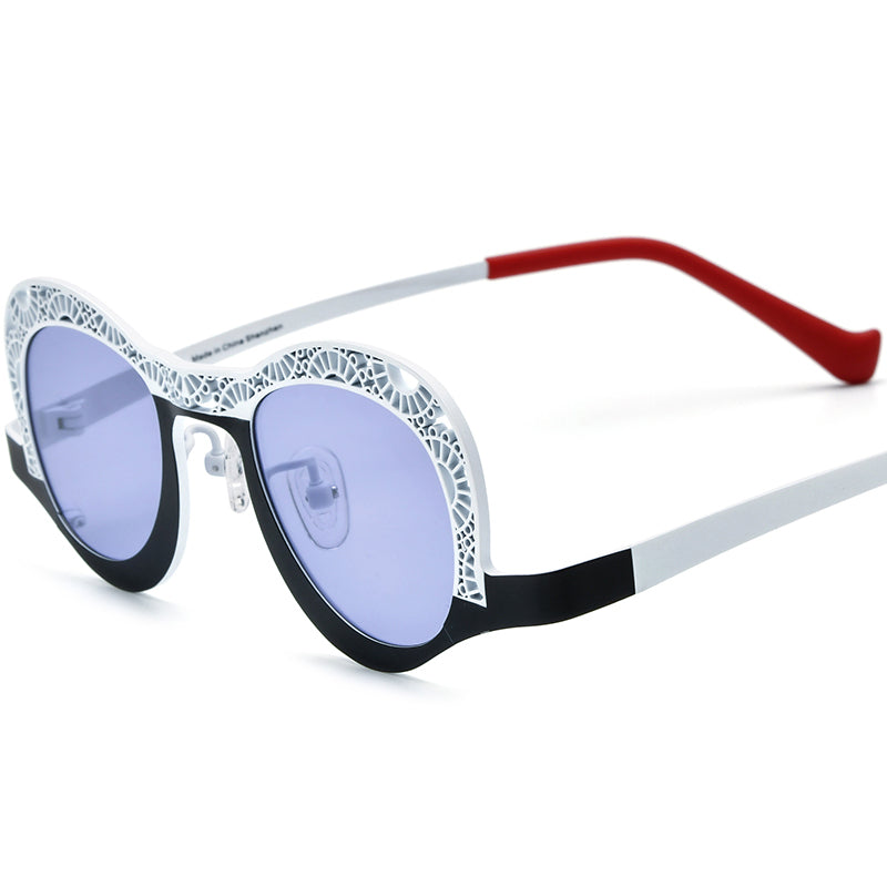 Colourful Titanium Small Cat Eye Polarised Sunglasses - Black White Purple Lens - MCROONS