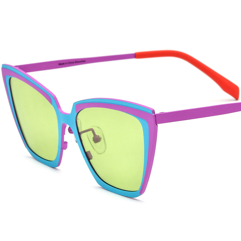 Colourful Titanium Cat Eye Polarised Sunglasses - Blue Purple Frame Green Lens - MCROONS