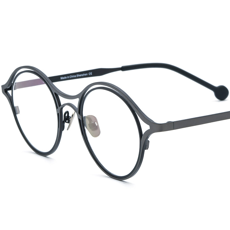 Titanium Round Optical Glasses Frame Vintage Retro - Grey Black - MCROONS