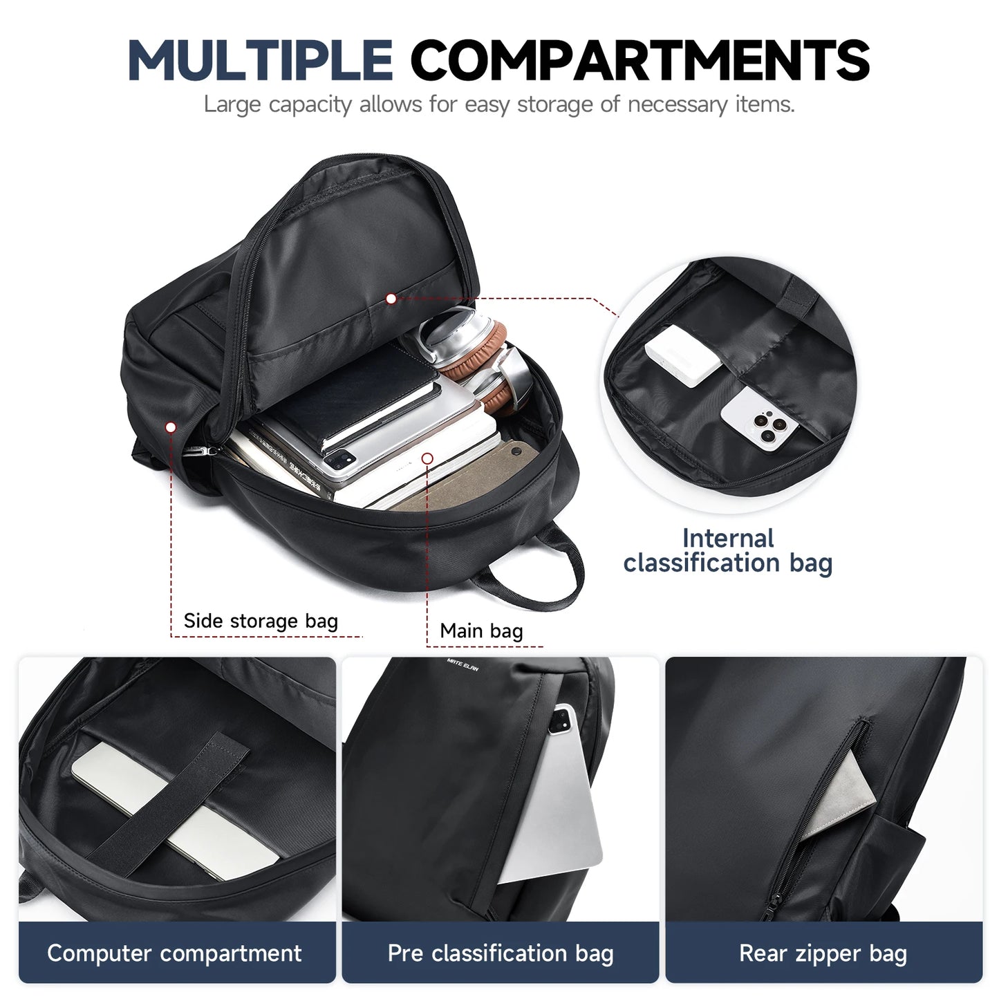 Mate Elan Black Men'S Backpack Oxford Anti-Theft Bags Waterproof 16-Inch Laptop Backpack for Men Business Travel School Knapsack