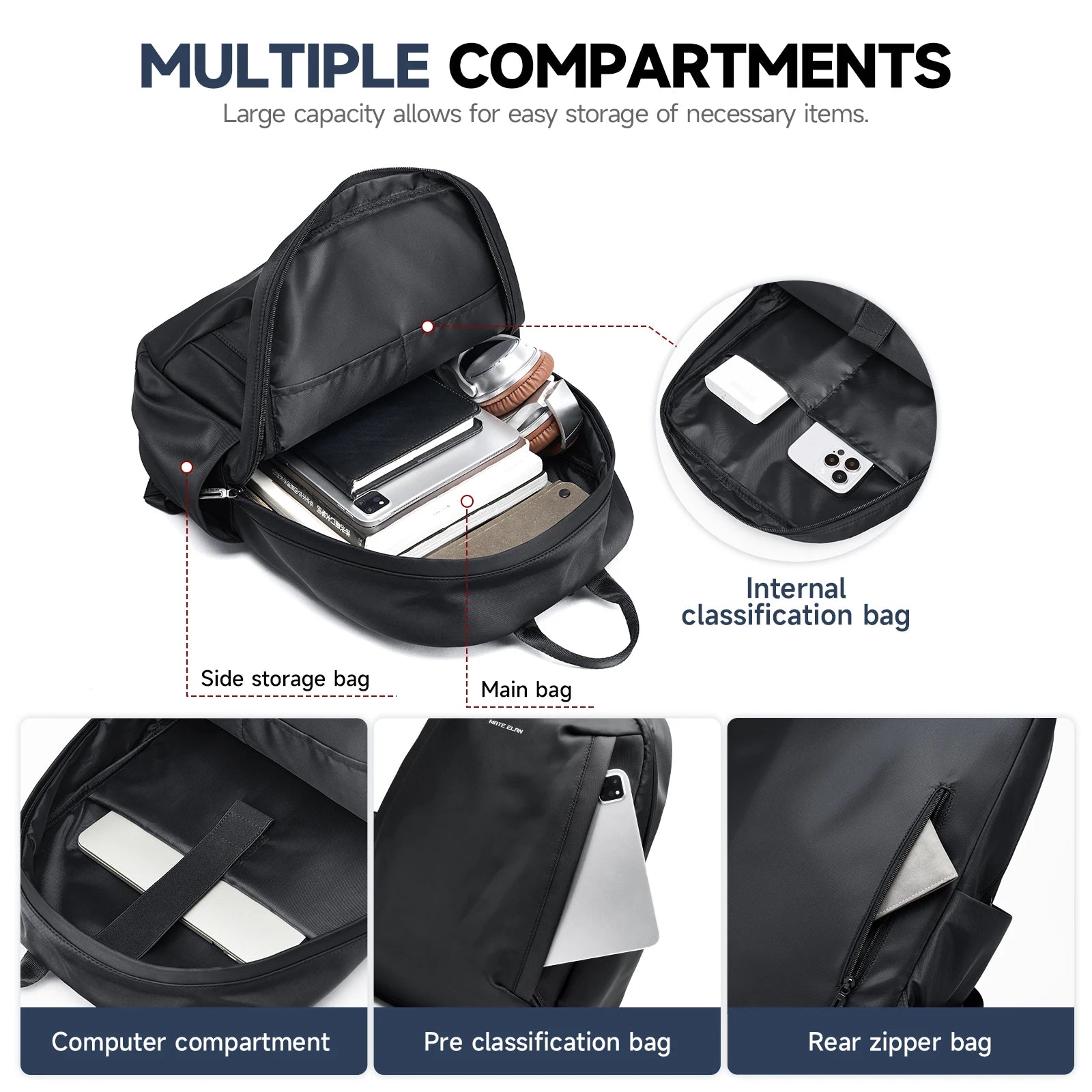 Mate Elan Black Men'S Backpack Oxford Anti-Theft Bags Waterproof 16-Inch Laptop Backpack for Men Business Travel School Knapsack