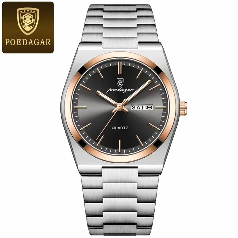 Poedagar 930 Men's Luxury Quartz Watch – Stainless Steel Band, Waterproof, Luminous, Date