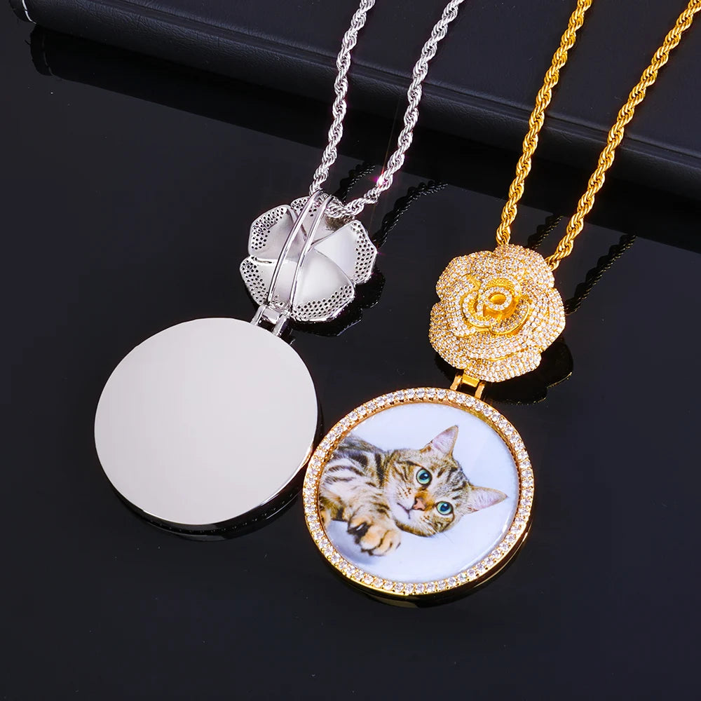 NOUYA Hip Hop Iced Out Zircon Necklace Women Micro Inlaid Zircon Circle Memory Custom Picture Flower Shaped Buckle Pendants