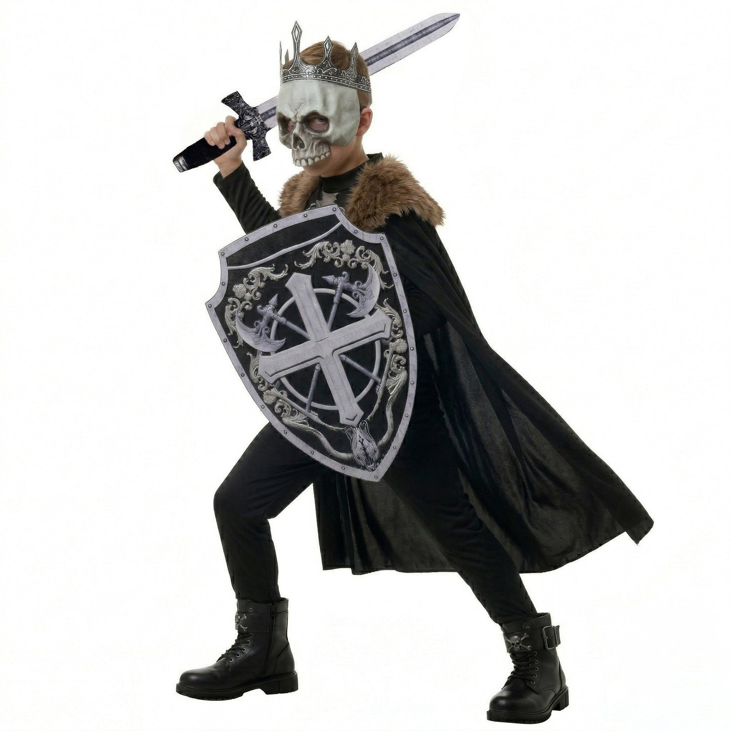 Skeleton Knight Boys Halloween Costume with Cloak, Mask & Sword