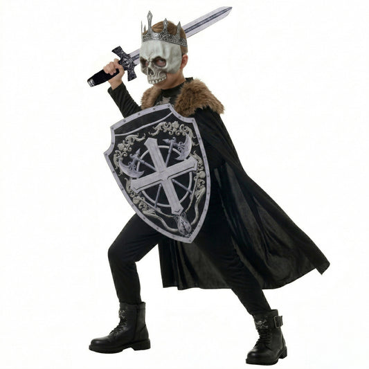 Skeleton Knight Boys Halloween Costume with Cloak, Mask & Sword