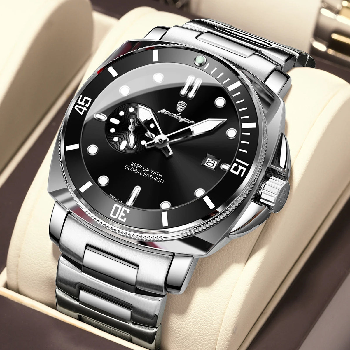 Poedagar 873 Men's Luxury Quartz Watch – Stainless Steel Band, Waterproof, Luminous, Date