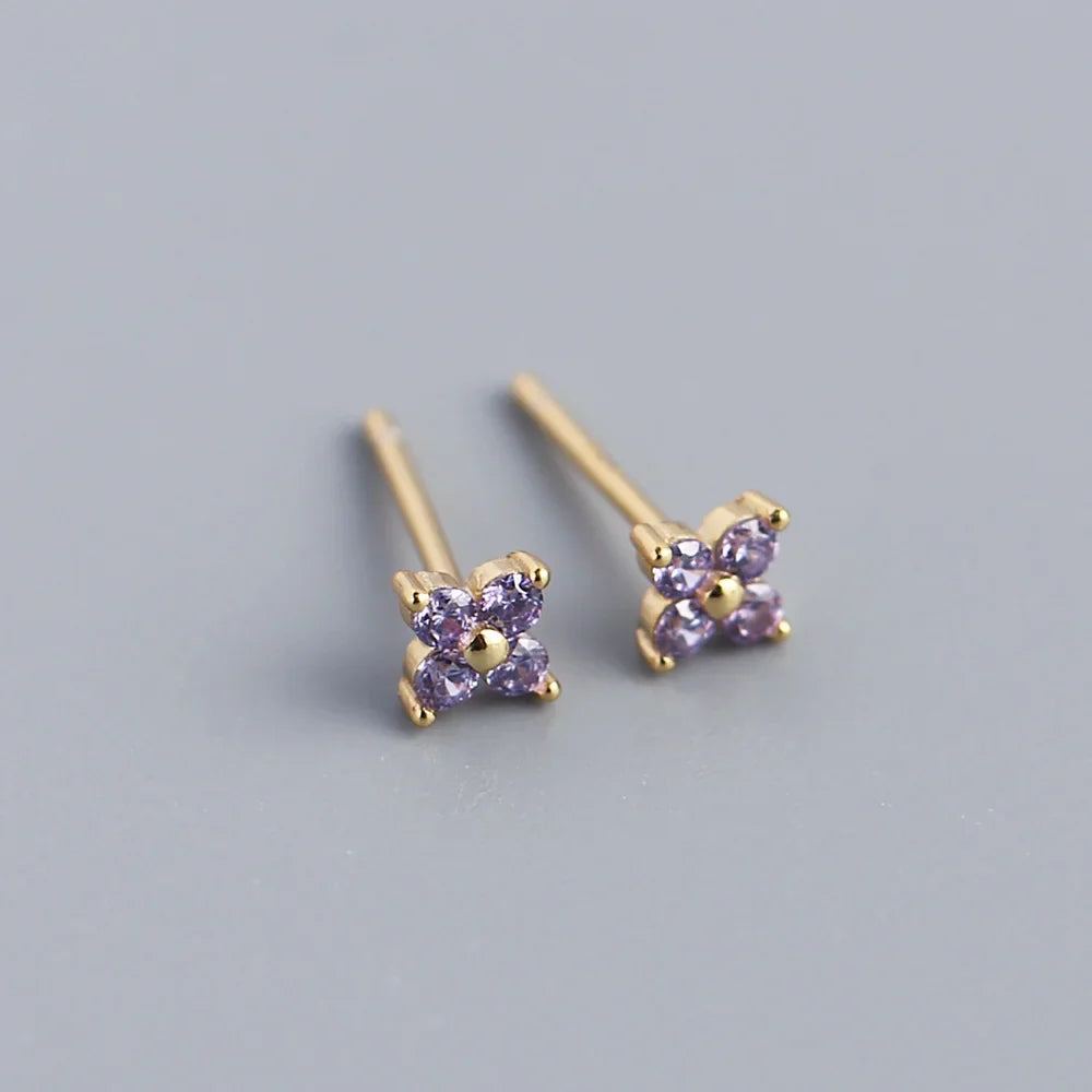 KR Simple Diamond S925 Silver INS Four Leaf Flower Earrings Sweet and Small Colorful Flower Earrings