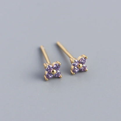 KR Simple Diamond S925 Silver INS Four Leaf Flower Earrings Sweet and Small Colorful Flower Earrings