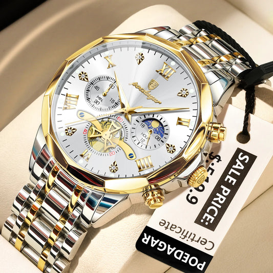 Poedagar 938 Men's Luxury Chronograph Quartz Watch – Stainless Steel Band, Waterproof, Luminous