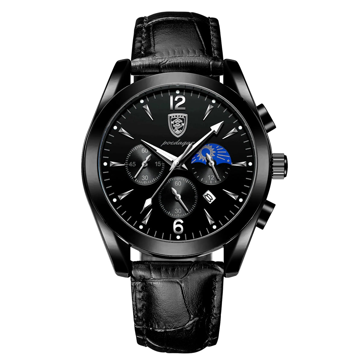 Poedagar 8298 Men's Sport Chronograph Quartz Watch – Leather Strap, Waterproof, Luminous, Date