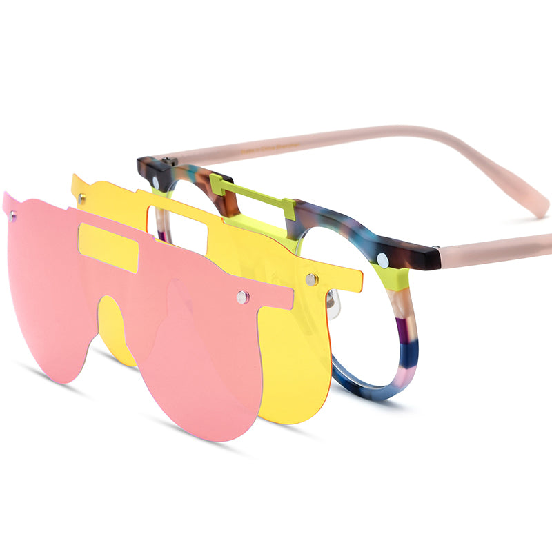 Round Acetate Optical Glasses Frame with Magnetic Clip-On Sunglasses - Blue Yellow - MCROONS