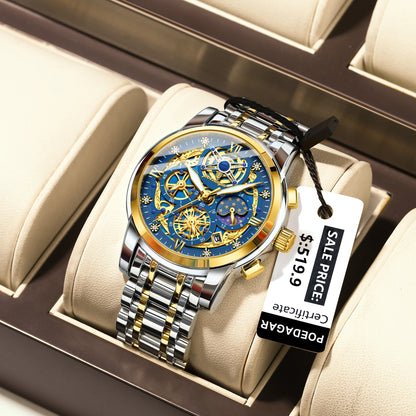 Poedagar 984 Men's Luxury Chronograph Quartz Watch – Stainless Steel Band, Waterproof, Luminous, Date
