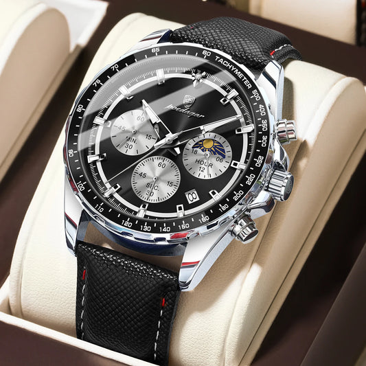 Poedagar 879 Men's Luxury Chronograph Quartz Watch – Leather Strap, Waterproof, Luminous, Date