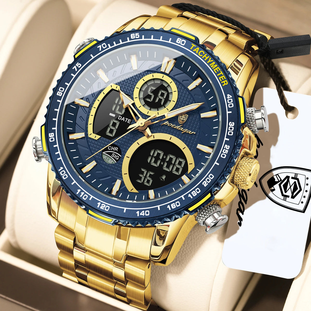 Poedagar E127 Men's Luxury Chronograph Quartz Watch – Stainless Steel Band, Waterproof, Luminous, Date