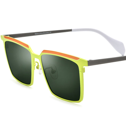Colourful Retro Titanium Square Sunglasses - Orange Yellow Dark Green Lens - MCROONS