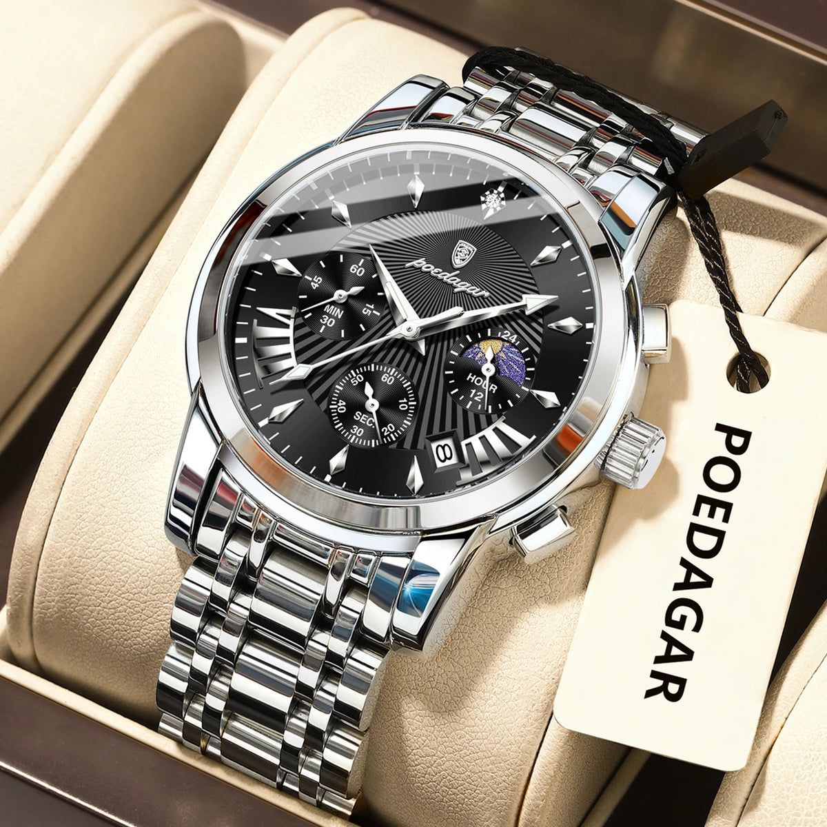 Poedagar 813 Men's Luxury Chronograph Quartz Watch – Stainless Steel Band, Waterproof, Luminous, Date