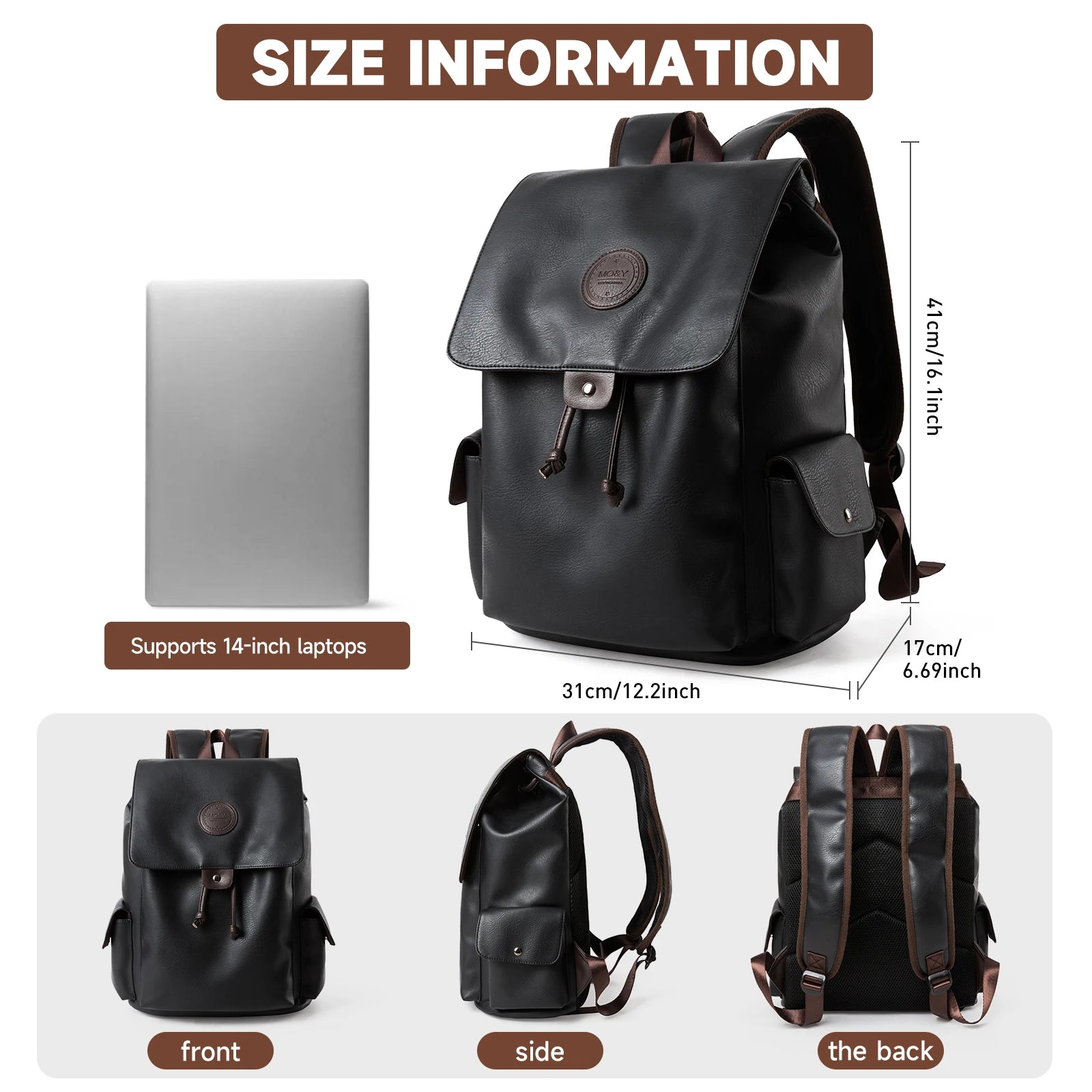 MOYYI PU Leather Bags for Men Waterproof Mochilas Men PU Leather Laptop Backpack