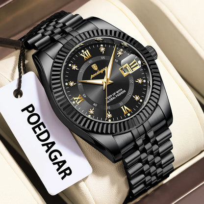 Poedagar 910 Men's Luxury Quartz Watch – Stainless Steel Band, Waterproof, Luminous, Date
