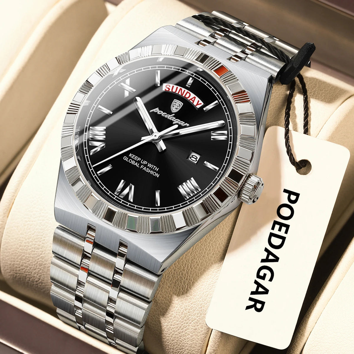 Poedagar 675 Men's Luxury Quartz Watch – Stainless Steel Band, Waterproof, Luminous, Date