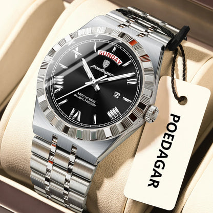 Poedagar 675 Men's Luxury Quartz Watch – Stainless Steel Band, Waterproof, Luminous, Date