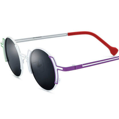Two-Tone Titanium Round Polarised Sunglasses - White Purple - MCROONS