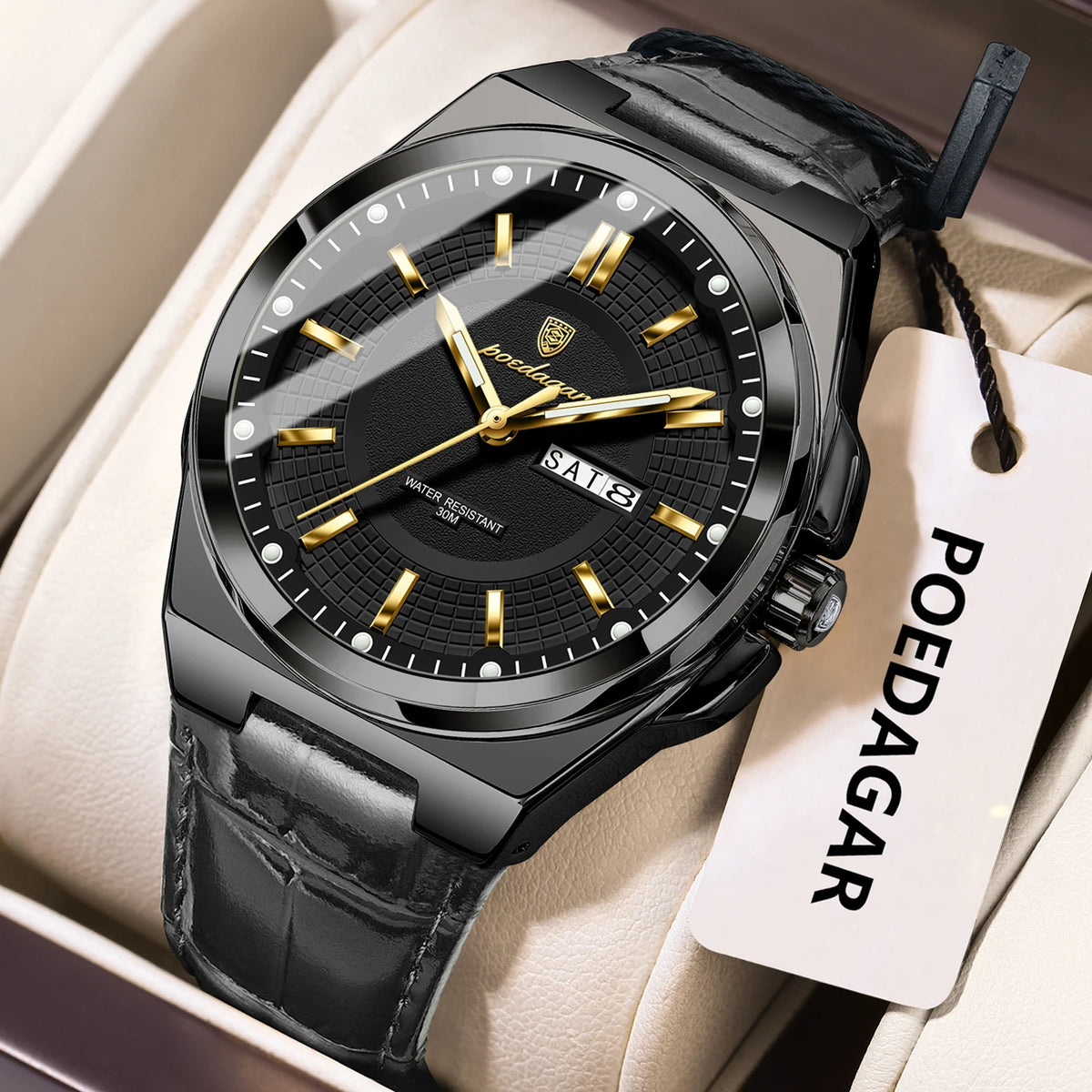 Poedagar 896 Men's Luxury Quartz Watch – Leather Strap, Waterproof, Luminous, Date