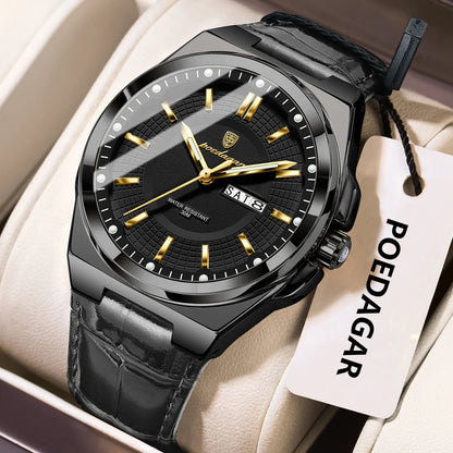 Poedagar 896 Men's Luxury Quartz Watch – Leather Strap, Waterproof, Luminous, Date