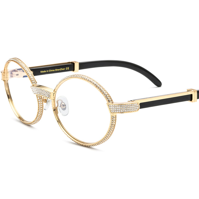 Diamond-Set Round Buffalo Horn Optical Glasses - MCROONS - Black