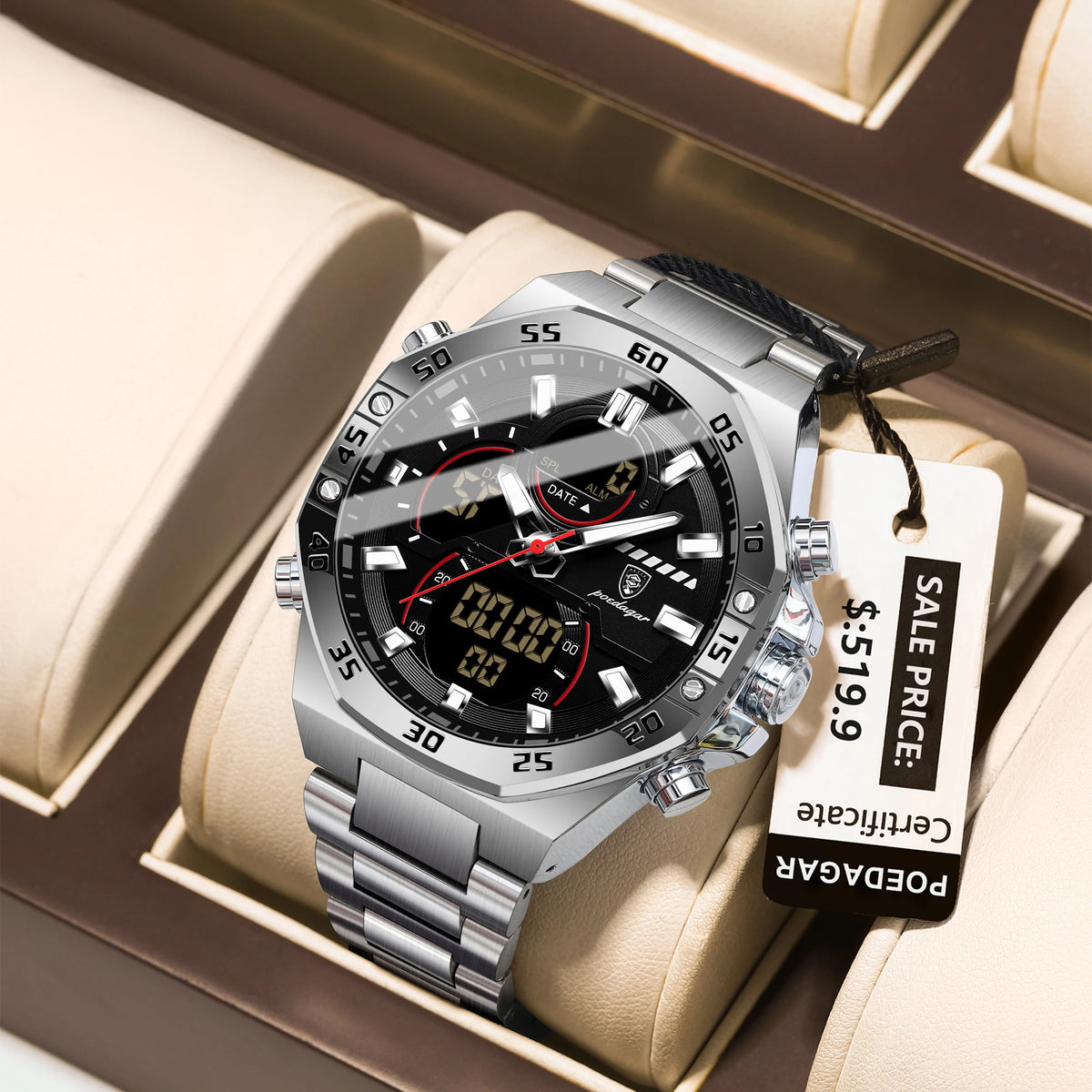 Poedagar E101 Men's Luxury Chronograph Quartz Watch – Stainless Steel Band, Waterproof, Luminous, Date