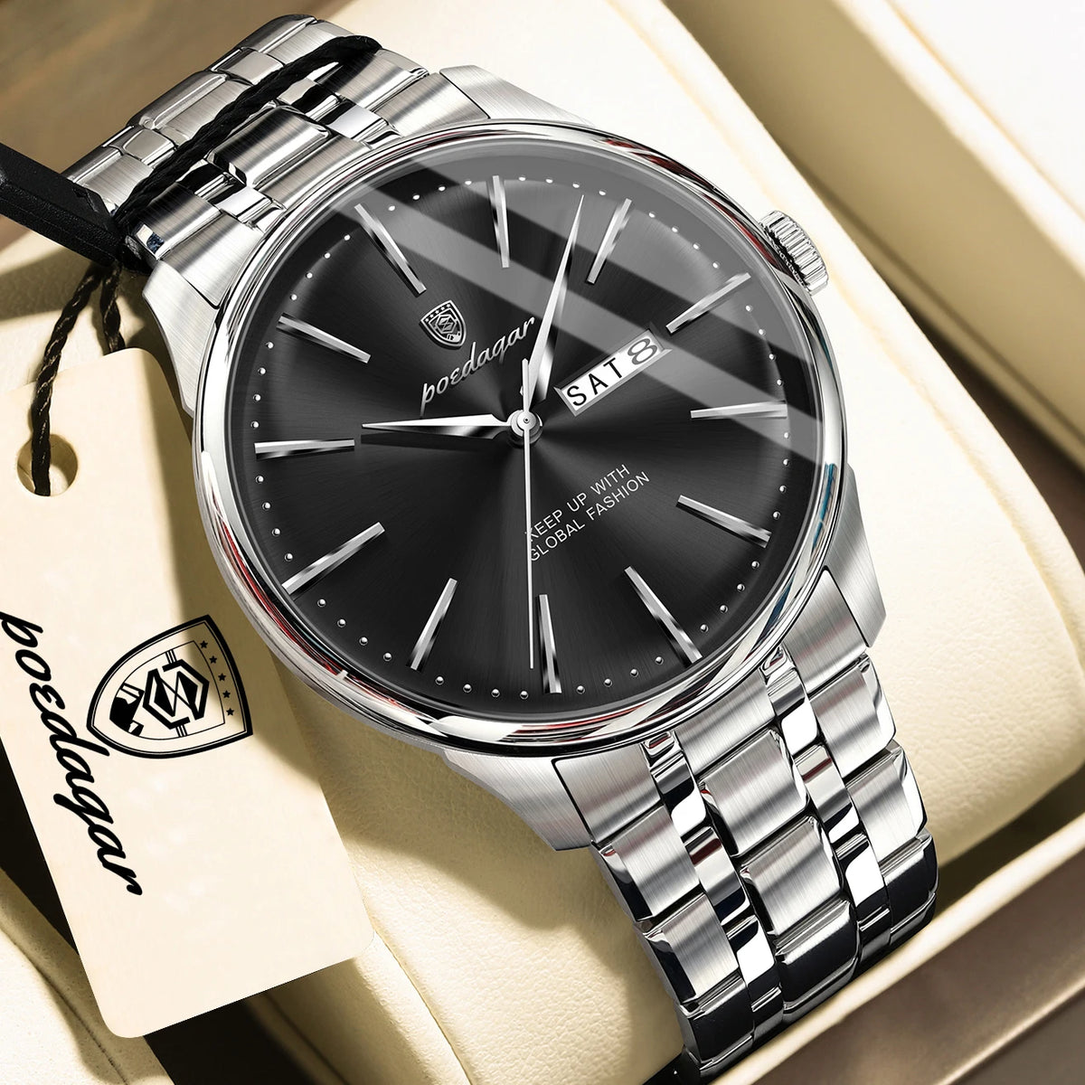 Poedagar 843 Men's Luxury Quartz Watch – Stainless Steel Band, Waterproof, Date