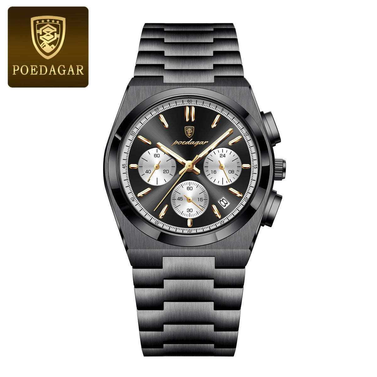 Poedagar 970 Men's Luxury Chronograph Quartz Watch – Stainless Steel Band, Waterproof, Luminous, Date