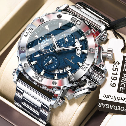 Poedagar 892 Men's Luxury Chronograph Quartz Watch – Stainless Steel Band, Waterproof, Luminous, Date