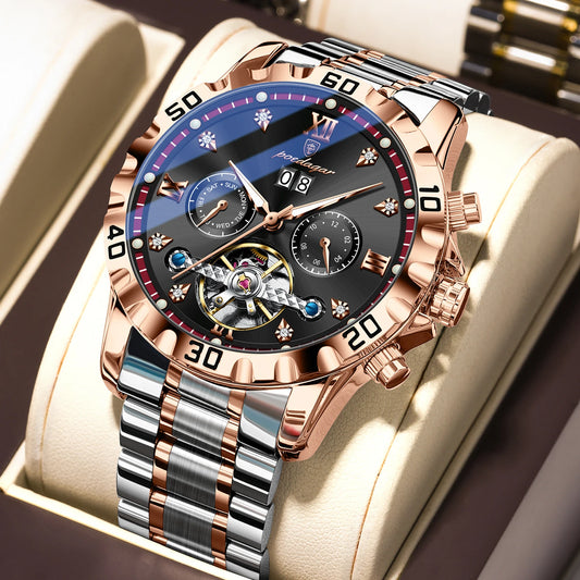 Poedagar 1418 Men's Luxury Automatic Mechanical Watch – Stainless Steel Band, Waterproof, Luminous, Date
