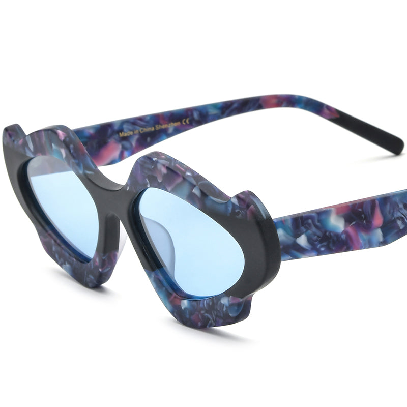 Retro Multicolour Cat Eye Matte Acetate Polarized Mirrored Sunglasses UV400 - Matte Blue Blue Lens - MCROONS