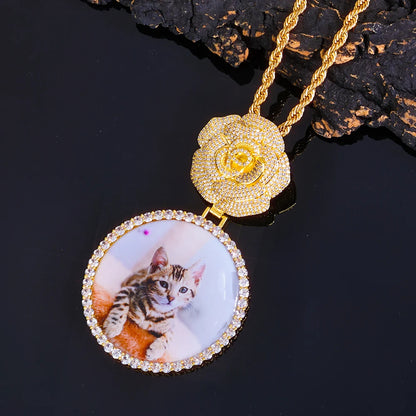 NOUYA Hip Hop Iced Out Zircon Necklace Women Micro Inlaid Zircon Circle Memory Custom Picture Flower Shaped Buckle Pendants