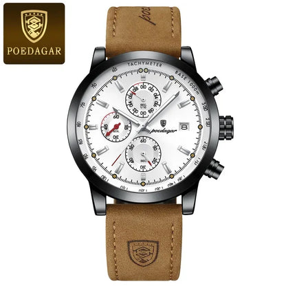 Poedagar 932 Men's Luxury Chronograph Quartz Watch – Leather Strap, Waterproof, Luminous, Date