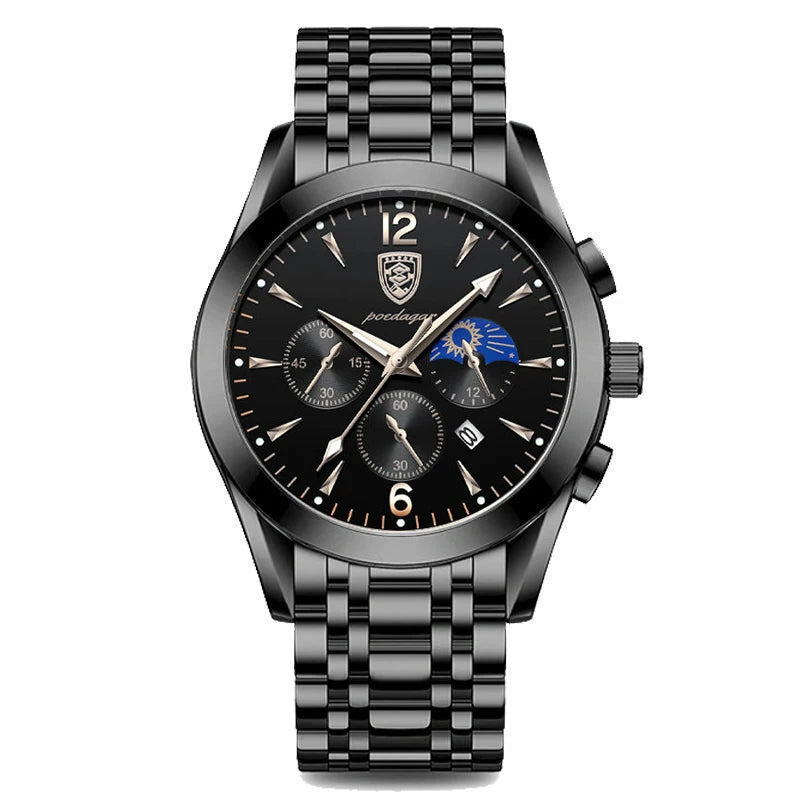 Poedagar 8298 Men's Sport Chronograph Quartz Watch – Leather Strap, Waterproof, Luminous, Date