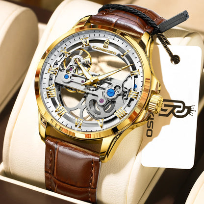Poedagar C124 Men's Luxury Automatic Mechanical Watch – Genuine Leather Strap, Waterproof, Luminous