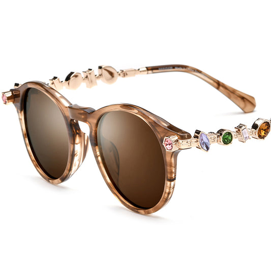 Luxury Round Acetate Polarized Sunglasses with Gem Trim UV400 - Brown Stripe Brown Lens - MCROONS