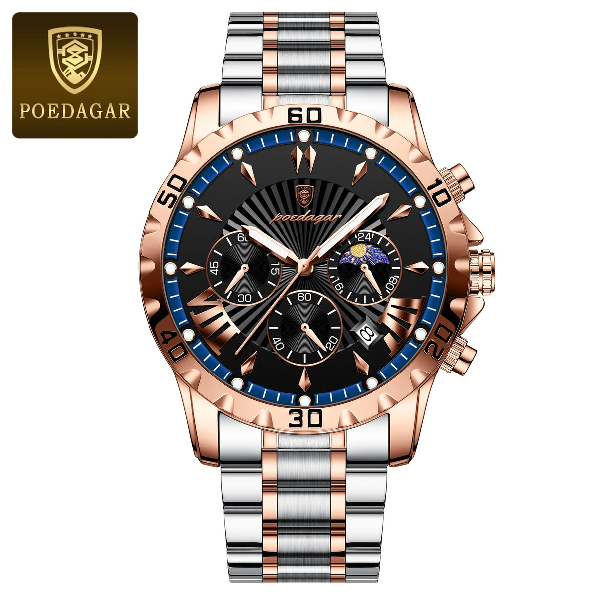 Poedagar 968 Men's Luxury Chronograph Quartz Watch – Stainless Steel Band, Waterproof, Luminous, Date