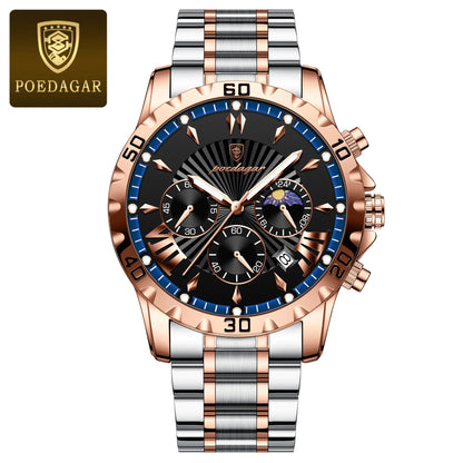Poedagar 968 Men's Luxury Chronograph Quartz Watch – Stainless Steel Band, Waterproof, Luminous, Date
