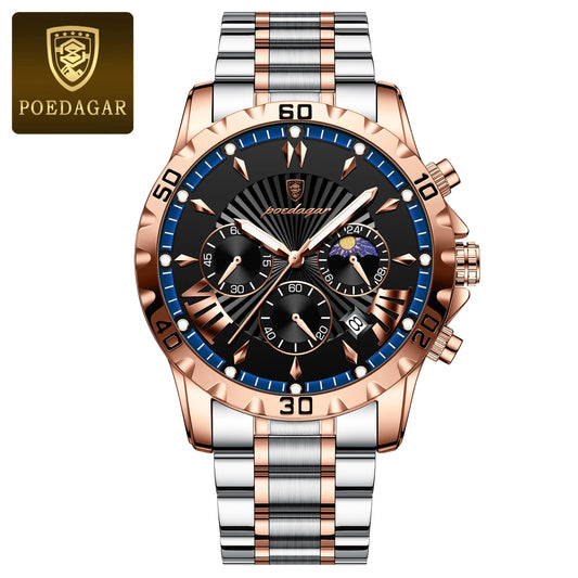 Poedagar 968 Men's Luxury Chronograph Quartz Watch – Stainless Steel Band, Waterproof, Luminous, Date