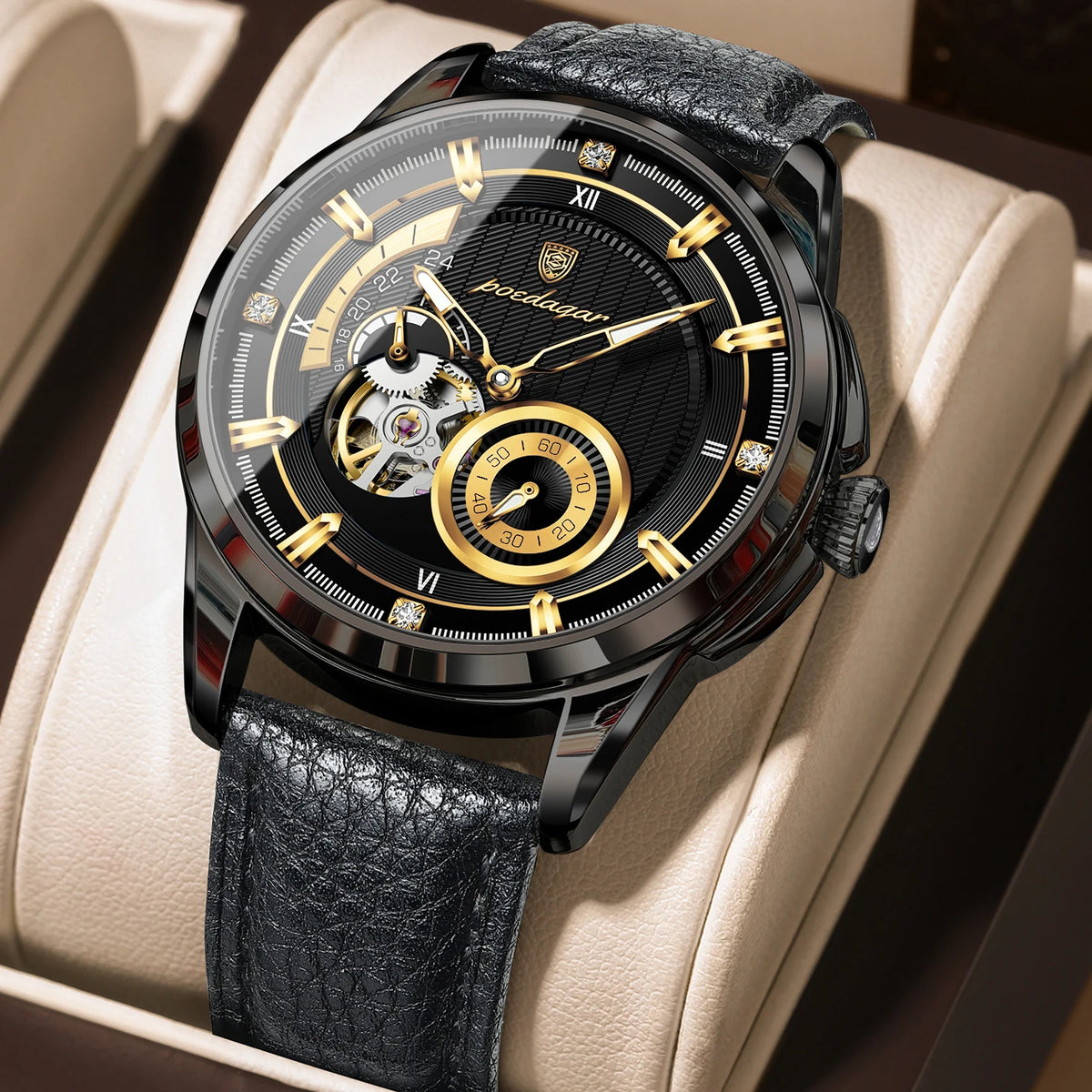 Poedagar 1427 Men's Luxury Automatic Mechanical Watch – Leather Strap, Waterproof, Luminous, Date