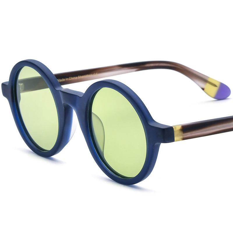 Retro Multicolour Round Matte Acetate Polarized Sunglasses UV400 - Matte Blue Green Lens - MCROONS