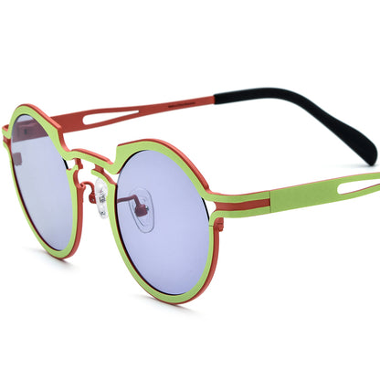 Colourful Titanium Round Polarised Sunglasses Retro - Green Red - MCROONS